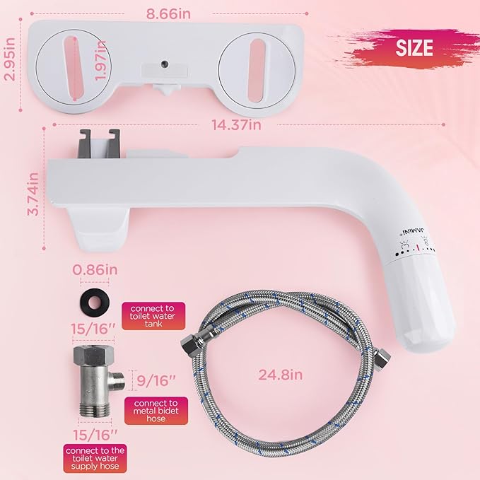 Jamini Left-Hand Ultra-Slim Toilet Bidet Attachment, Non-Electric, Dual Nozzles for Rear and Female Front Wash, Adjustable Single Cold Water Pressure, 0.23" Slim Profile, Detachable for Easy Cleaning