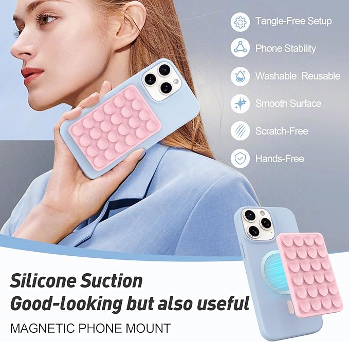 Magnetic Suction Phone Mount for MagSafe Case,Silicone Sticky Phone Grip Holder for iPhone,Removable Hands-Free Selfie/Video for TikTok & Instagram Influencer/Creator (Light Pink)