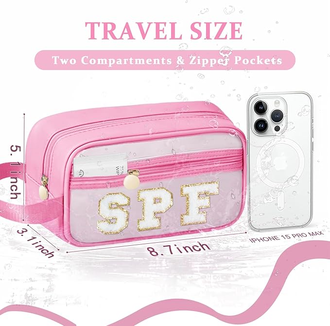 COSHAYSOO Clear Sunscreen Bag Makeup Toiletries Pouch Beach Vacation Essentials Summer Travel Stuff Accessories Personalized Graduation Gifts for Women College Teen Girls Teacher Nurse Pink SPF