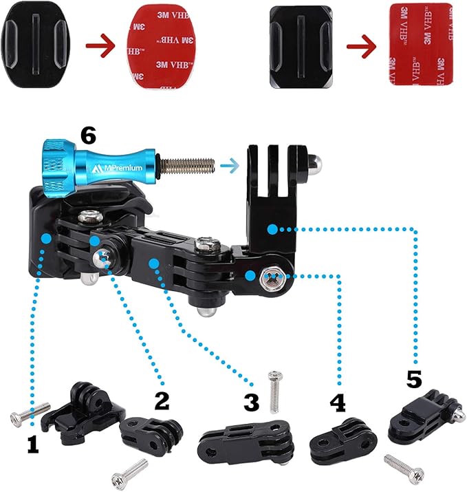 MiPremium Motorcycle Helmet Chin Mount Kits for GoPro Hero 13 12 11 10 9 8 7 6 5 4 3 Black Silver Session, AKASO/Campark & Other Action Camera Swivel Aluminium Screw Flat Curved Adhesive Pads & J Hook