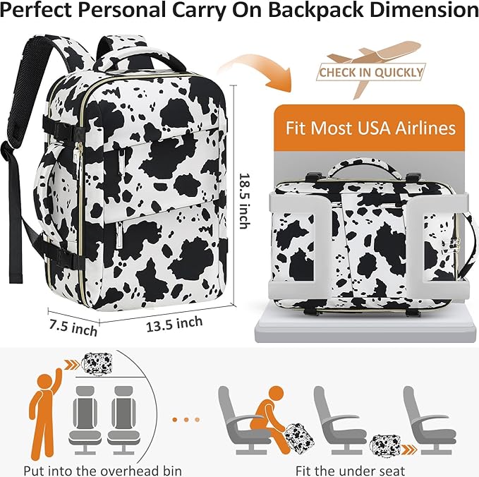 Tenot Large Travel Backpack for Women Personal Item for Airlines17 Inch Laptop Backpack College Business Work Weekender Hiking Womens Travel Backpack Cow Print