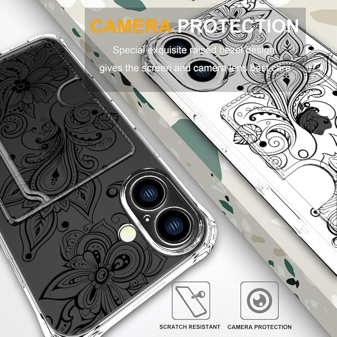Compatible with iPhone 17 Case Card Holder for Women Cute Design,Wallet Phone Cases Transparent Cool Kawaii Protective (Clear Black Henna Flower)