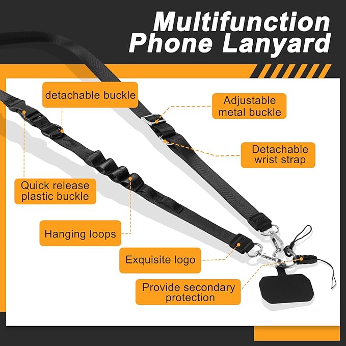 Cell Phone Lanyard with Detachable Phone Wrist Strap 3 in 1 Anti Theft Adjustable Crossbody Phone Strap Around the Neck, for Keys, ID Badges, Compatible with iPhone, Vacation Essentials, Black