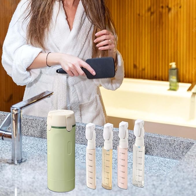 4 in 1 Travel Bottles for Toiletries - Refillable, Leak Proof, Portable Containers for Shampoo Lotion Conditioner Cream - Transparent with Scale and Label - for Business Trips Gym Camping (Green)