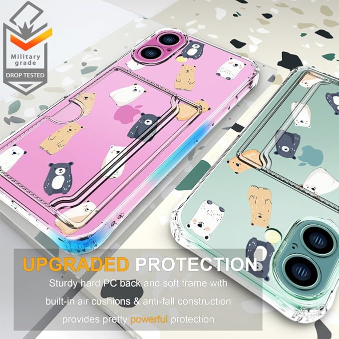 Compatible with iPhone 16 Plus Case Card Holder for Women Cute Design,Wallet Phone Cases Transparent Cool Kawaii Protective (Clear Lovely Bears Funny)
