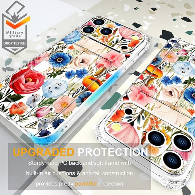 Compatible with iPhone 17 Pro Case Card Holder for Women Cute Design,Wallet Phone Cases Transparent Cool Kawaii Protective (Clear Flower Art Rose Peony)