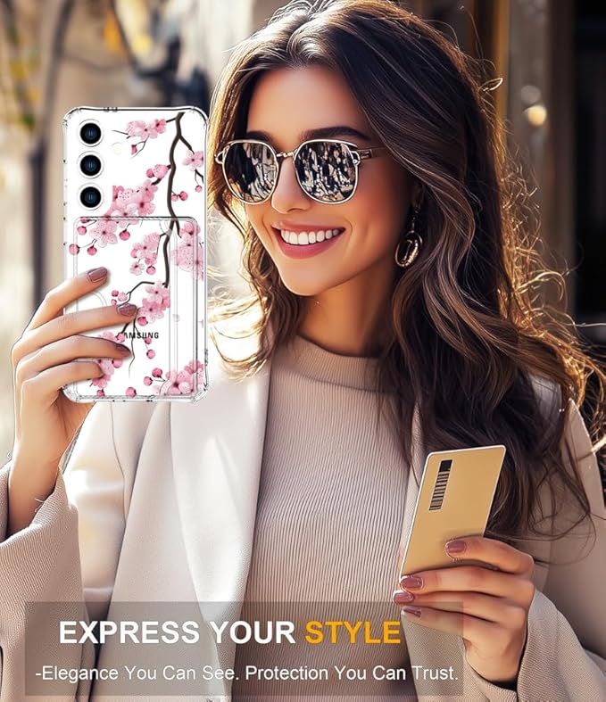 Compatible with Samsung Galaxy S24+ Plus / S25+ Plus Case Card Holder for Women Cute Design,Wallet Phone Cases Transparent Cool Kawaii Protective (Clear Sakura Peach Cherry)
