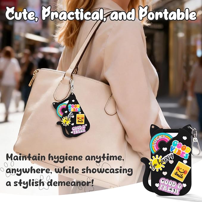 Cat Silicone Case for Touchland Hand Sanitizer Spray with Keychain&Charms,Compatible with Power Mist & Glow Mist 1 FL Oz/30ML for Touchland Case,Cute Travel Cover Sleeve Accessory (Black Cat)