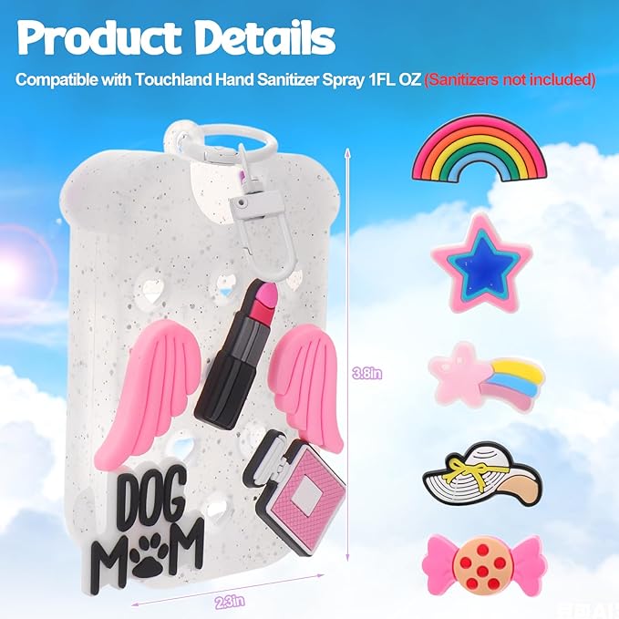 Mity rain Hand Sanitizer Spray Case Compatible With Touchland, Cute Silicone Hand Sanitizer Holder Keychain with 4 Charms, Portable Refillable Sanitizer Accessory, Gift for Women And Teens