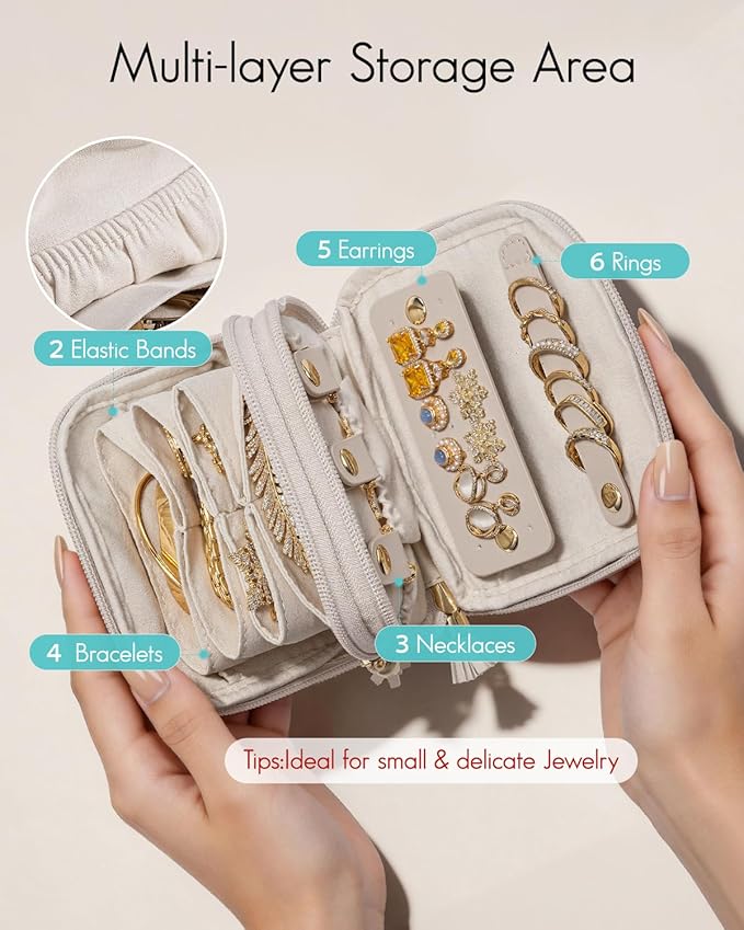VLANDO Travel Jewelry Case,2-Layer Jewelry Organizer for Travel,Mothers Day Mom Gifts,Multi-Compartment Jewelry Storage for Rings Earrings Necklaces Bracelets-Cream White