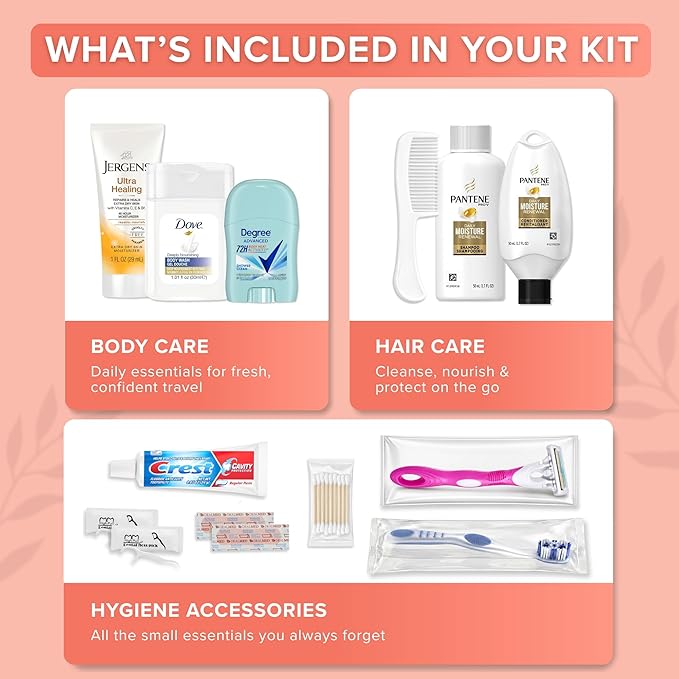 TrekTote 15 Piece Set Women’s Travel & Hygiene Kit with Clear Toiletry Bag, Personal Care Essentials, Single Kit or Bulk Case Packs