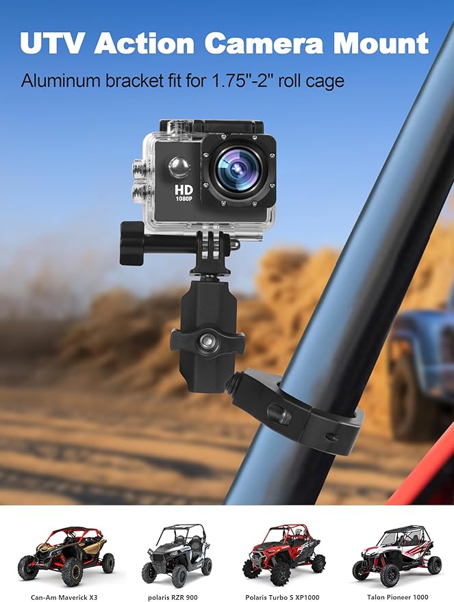 UTV Camera Mount for 1.75"-2" Roll Cage Mount - Compatible with GoPro, Mevo Start & More - Easy to Install Action Camera Accessories on Polaris RZR, Can Am - Durable Alu Alloy Made & 360° Rotation