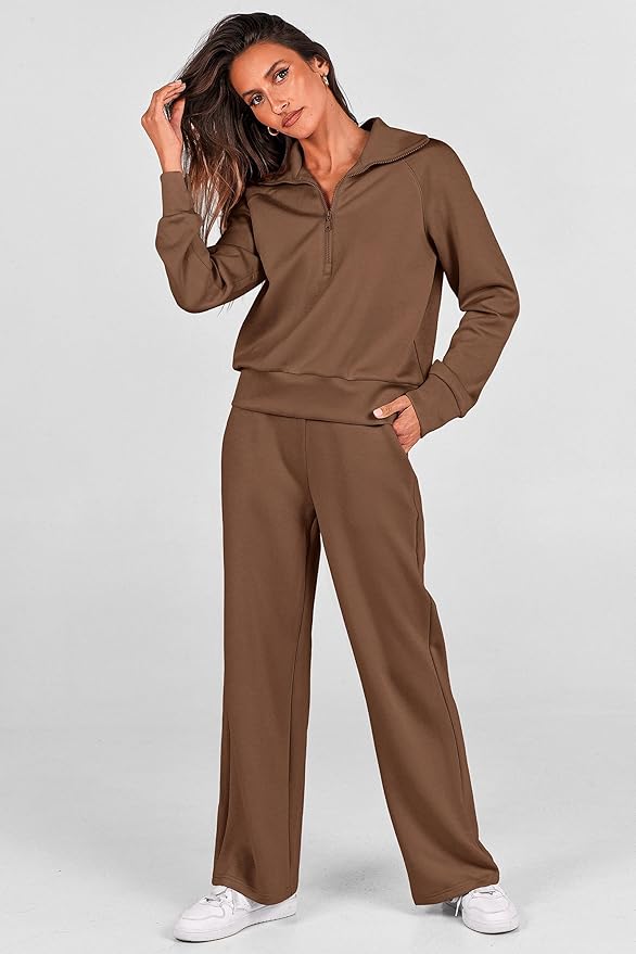 PRETTYGARDEN Women's 2 Piece Outfits Casual Lapel Half Zip Sweatshirts and Wide Leg Pants Tracksuit Sets