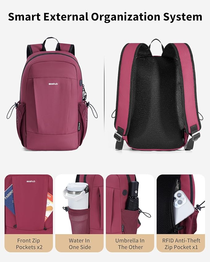 ECOHUB Mini Anti-Theft RFID Backpack for Women and Men, Water-Resistant, Lightweight Travel Daypack with iPad Sleeve, Key Holder, 9 Pockets, Gifting, Red