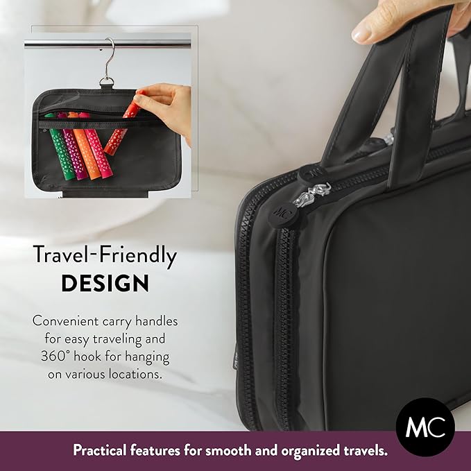 Travel Toiletry Bag for Men & Women, Large Capacity Makeup Organizer & Cosmetic Bag, Water-Resistant Portable Essentials Case with Metal Hook & Carry Handle - Perfect for Travel Use (Black, Small)