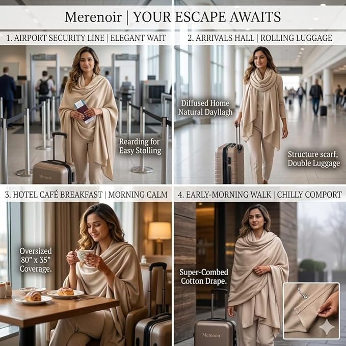 Wayfarer Shawl with Pouch | Voyagers Comfort Set with Luxury Travel Scarf, Eye Mask, Satin Scrunchies & Travel Pouch