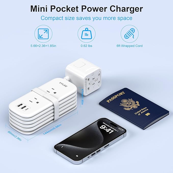 VYLEE Universal Travel Adapter with 6ft Extension Cord, Worldwide Plug Adapter (Type A/C/G/I) for Europe UK US AU, 2 AC Outlets + 3 USB Ports (USB-C), Cruise Ship Essentials Travel Power Strip