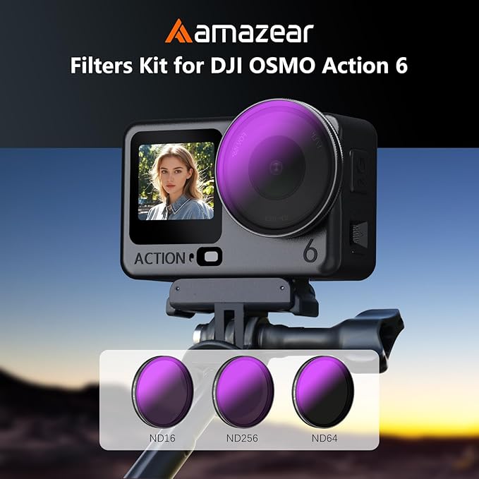 AMAZEAR ND Filters Kit for DJI OSMO Action 6 Accessories (3 Pack), Action6 ND16 ND64 ND256 Optical Glass Pro Lens Filters with Multi Coating for Cinematic Motion Blur and Light Reduction
