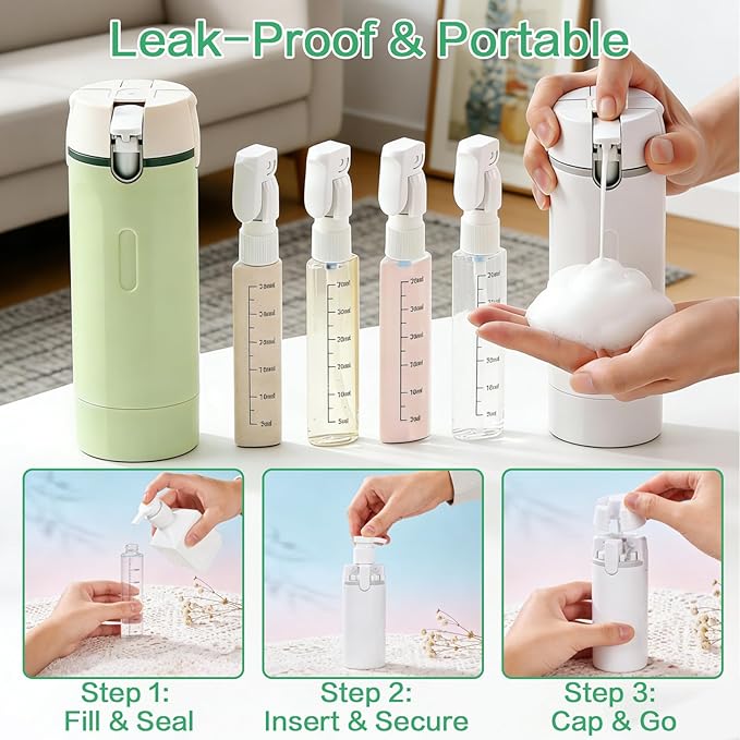 4 in 1 Travel Dispenser Bottle Set, Leakproof TSA Travel Size Containers for Toiletries, Portable Refillable Bottles, Hard Shell Rotating Design with Scale and Labels (Green, 4 Pack) (1, White)