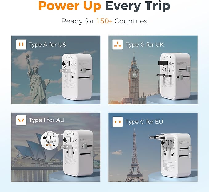TESSAN Universal Travel Adapter PD 25W, Ultra Thin International Power adapter Fast Charger, Worldwide Plug Adaptor with 2 USB A 2 USB C for US to European UK Australia Ireland (Type C G A I)