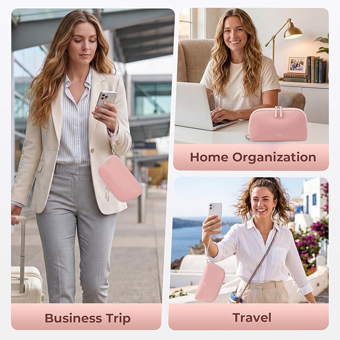 FYY Travel Cable Organizer - 8 Compartments Lightweight Water Resistant Tech Pouch with Wrist Strap, Portable Electronic Accessories Case for Cord Charger Storage for Travel Home Office, Pink (Large)