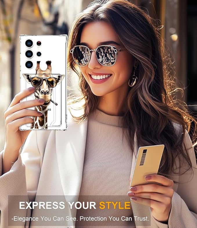 Compatible with Samsung Galaxy S24 Ultra Case Card Holder for Women Cute Design,Wallet Phone Cases Transparent Cool Kawaii Protective (Clear Giraffe Smoking Animal)