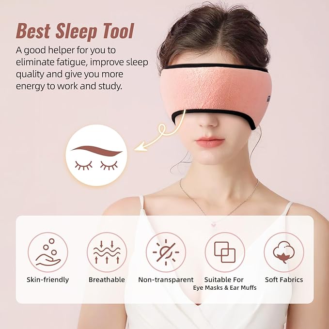 Plush Sleep Mask - Adjustable Headband, 2 in 1 Eye & Ear Mask for Men & Women, Soft Eye Cover for Side Sleepers (Pink)