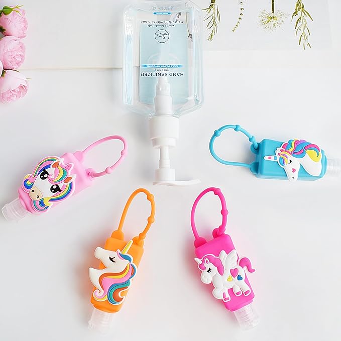 Refillable Travel Bottles Containers, 4 Pack Hand Sanitizer Travel Size Holder with Empty Silicone Bottles Case Keychain Carrier, Leak Proof Portable Bottle for Liquid Soap, Lotion (Unicorn)