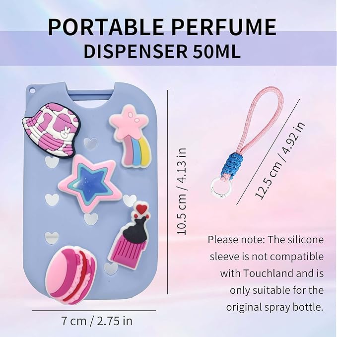 Refillable Spray Bottle Keychain with Silicone Case, Customizable with 8 Charms for 1.69oz/50ml Liquid, Portable Leakproof Travel Accessory (Blue)