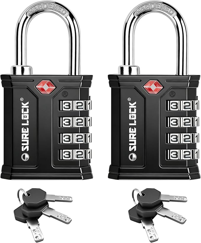 SURE LOCK TSA Accepted 4 Dig Heavy Duty Big Combination Luggage Padlock All Metal Travel Lock for Equipment Hard Case Luggage Gun Case Gym Locker Pelican Vault Lock (2, BLK-Dual-Opening: Combo or Key)