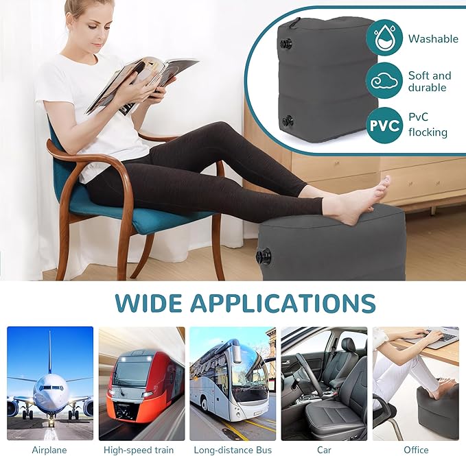 Inflatable Travel Foot Rest Pillow, Adjustable 3 Layers Height Leg Rest Pillow, Kids Airplane Bed, Adults Travel Essentials on Plane, Trains, Cars, Office, Home (Dark Grey, 1 PC)