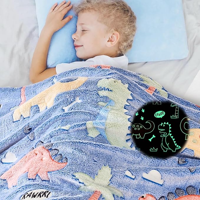 Wajade Dino Gifts Toys for Boys Girls - Glow in The Dark Dinosaur Blanket Birthday Christmas Decor for Kids Age 3 4 5 6 7 8 9 10 11 12 Years Old Teens Child Toddler Throw Colorful 60"x80"