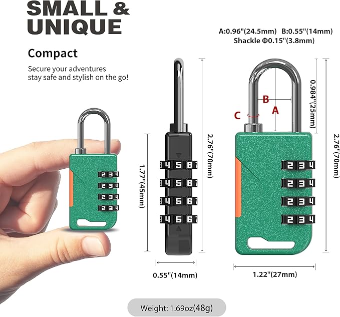 Combo Lock for Gym Locker, Versatile Small Padlock Combination, Travel Luggage Padlocks, 4 Digit Combination Lock for Locker, Cabinet, Suitcase Zipper, Storage Unit, Outdoor Use (Green)