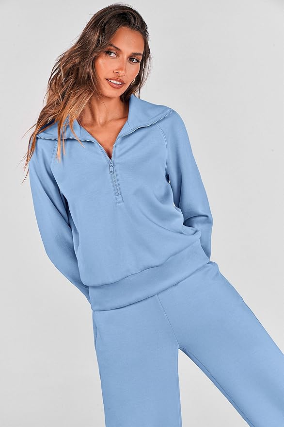 PRETTYGARDEN Women's 2 Piece Outfits Casual Lapel Half Zip Sweatshirts and Wide Leg Pants Tracksuit Sets