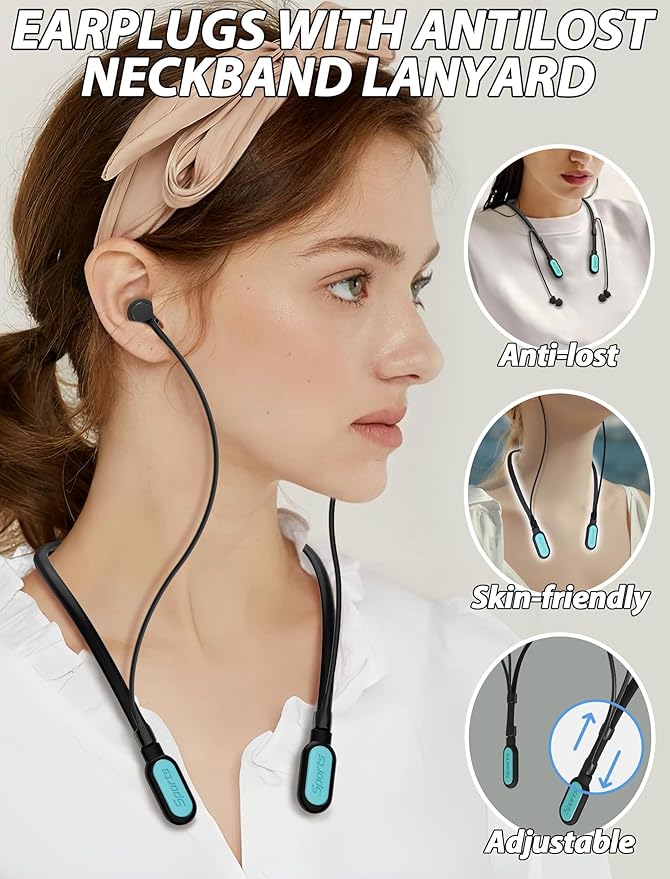 HALLEAST Earplugs for Concert, Noise Reduction, Hearing Protection, with Removable Ear Plug Lanyard, Safety Connector Cord Strap Neckband – SNR 26dB, NRR 14dB, Black Plug + LightBlue Tip