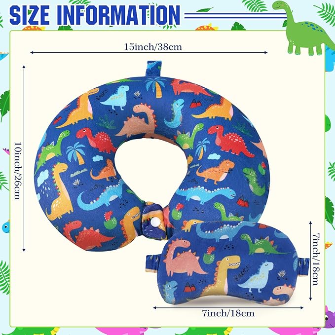 Gilprop 2 Pcs Dinosaur Travel Pillow with Sleep Eye Mask, U Shaped Memory Foam Headrest & Neck Pillow with Washable Cover, Soft Neck Head Support Travel Accessories for Airplane Car Train Bus Trips