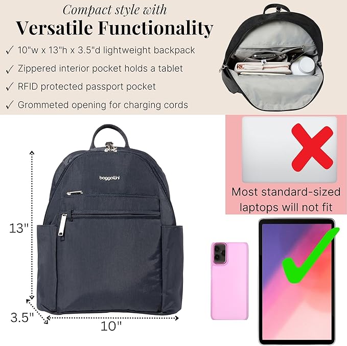 Baggallini Securtex® Anti-theft Vacation Travel Backpack 10x13 Slash-Resistant Nylon Daypack w/RFID, French Navy