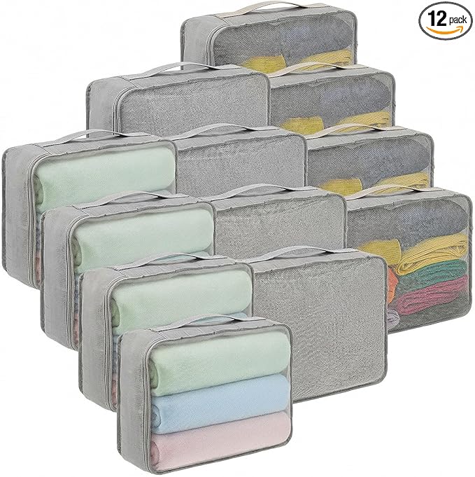Kifmurase 12 Pcs Packing Cubes for Suitcase Travel Luggage Organizers Bulk Large Mesh Clothing Underwear Bags Foldable Laundry Bags for Hiking Camping Backpacking Clothes Accessories (Gray)