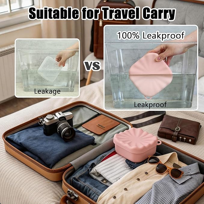 Travel Soap Case, Leakproof Soap Box Container, Square Shampoo Bar Case with Draining Layer, Slip-Resistant Portable Bar Soap Holder for Travel, Camp, Gym (Peach Pink)