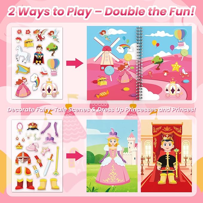 Princess Reusable Sticker Book for Toddlers, DIY Princess Accessories Fun Jelly Stickers, Washable Puffy Stickers for Kids Toys, Airplane Road Trip Travel Activities Essentials for Kids 3 4 5 Years