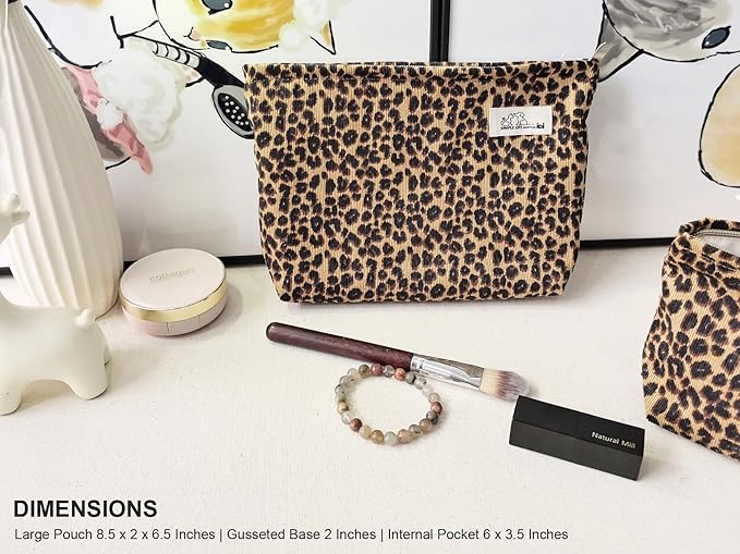 HAPPYHEIDI Leopard Print Makeup Bag with Pocket Large Cosmetic Toiletry Travel Pouch, Small Accessory Organizer Bag, Soft Corduroy Fabric, Brown Cheetah, 8.5x2x6.5 Inches