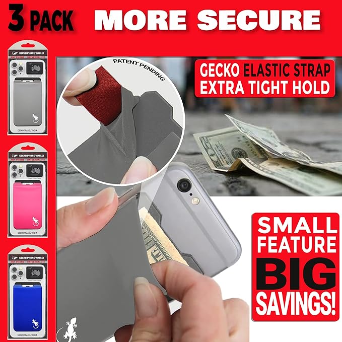 Phone Wallet - Adhesive Card Holder - Cell Phone Pouch - Stick on Lycra Pocket by Gecko - Carry Credit Cards and Cash