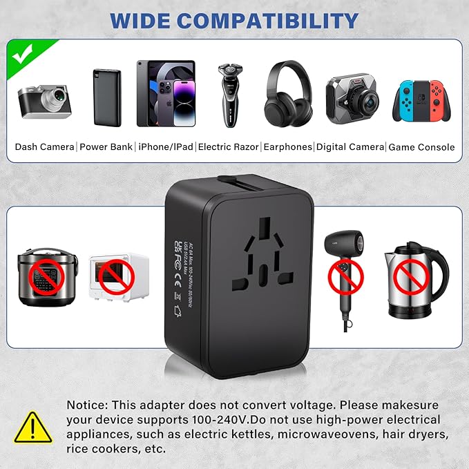 Travel Plug Adapter with 2 USB A+1 USB C,Universal All in One Worldwide Travel Adapter,Power Converters Wall Charger,AC Power Plug Adapter,International Power Adapter for USA EU UK AUS Black
