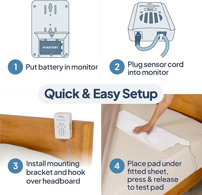 Smart Caregiver Bed Alarm for Elderly Adults – Fall Prevention System with 10"x30" Weight-Sensing Bed Pad – Automatically Alerts Caregiver When They Get Up