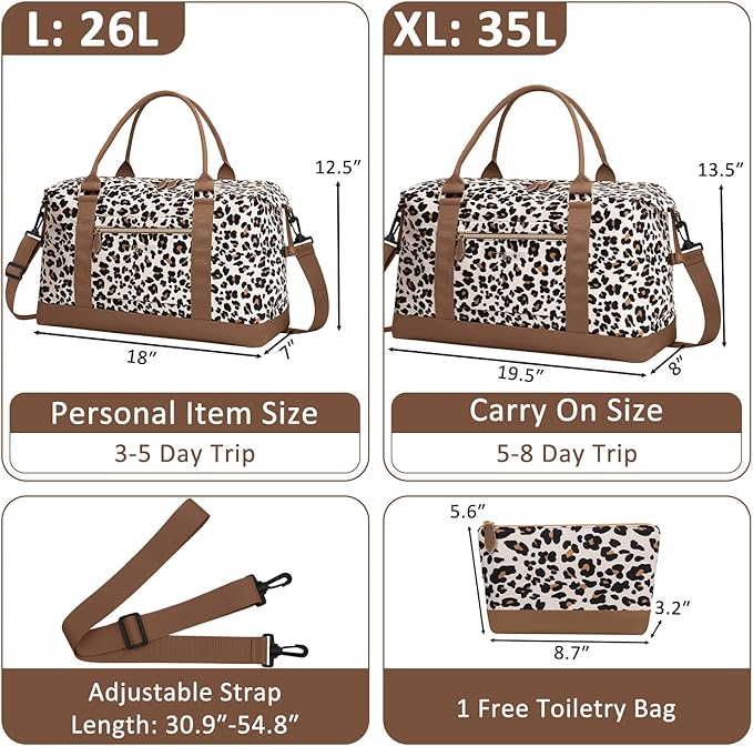 ELONGRIVER Travel Duffle Bag for Women, Weekender Bags, Hospital Bag for Labor Delivery, Lightweight Tote Duffel Overnight Bag with Luggage Sleeve, Airplane Travel Bags with Toiletry Bag,Large,Leopard