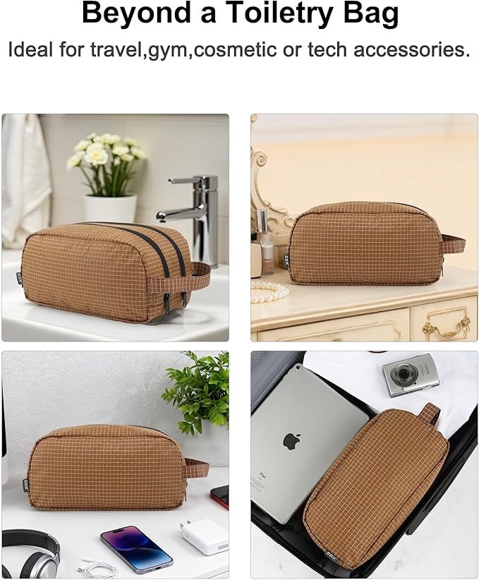 GOX Small Travel Toiletry Bag for Men, Dopp Kit, Water-Repellent Nylon, TSA Carry-On Leakproof Cosmetic Organizer (10.4"x5.5"x5.1") & Carry Handle (Brown)