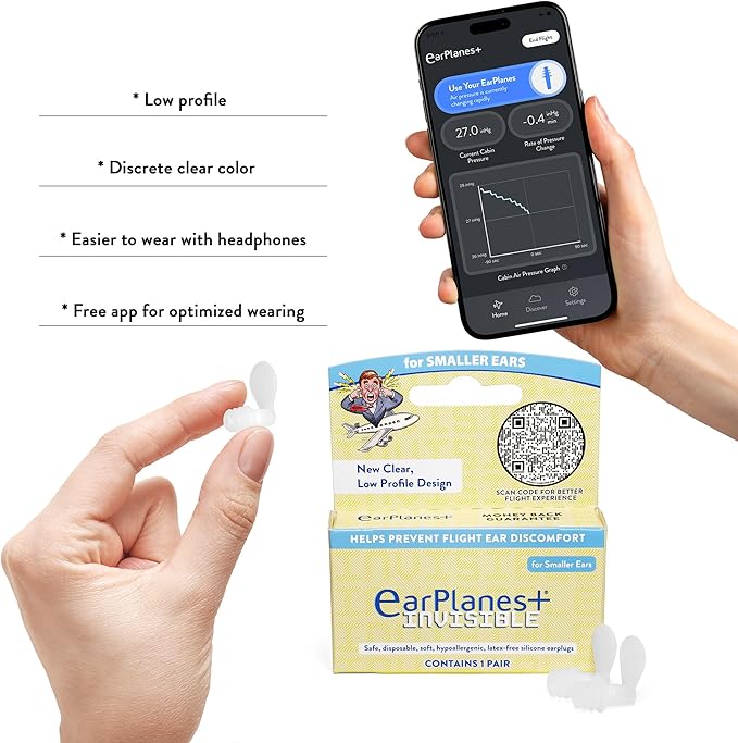 EarPlanes+ Invisible Airplane Travel Ear Protection Clear Low-Profile Design (Small, 3, Count)