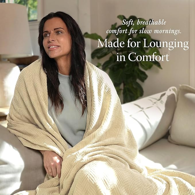 Threadmill Vanilla Cream 100% Combed Cotton King Size Blanket, All-Season Soft Breathable Light Weight Herringbone Throw