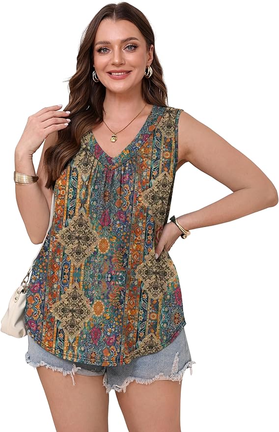 OFEEFAN Tank Top for Women Loose Fit Sleeveless Shirts V Neck Summer Clothes Ruched Women's Tees and Tanks Curved Hem