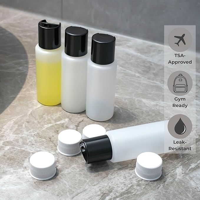 4 Pack 2oz Travel Bottles – TSA Approved HDPE Translucent Squeeze Bottles with Black Disc Tops & 4 Extra Screw Caps, Leak Proof, Durable, BPA Free, FDA Compliant